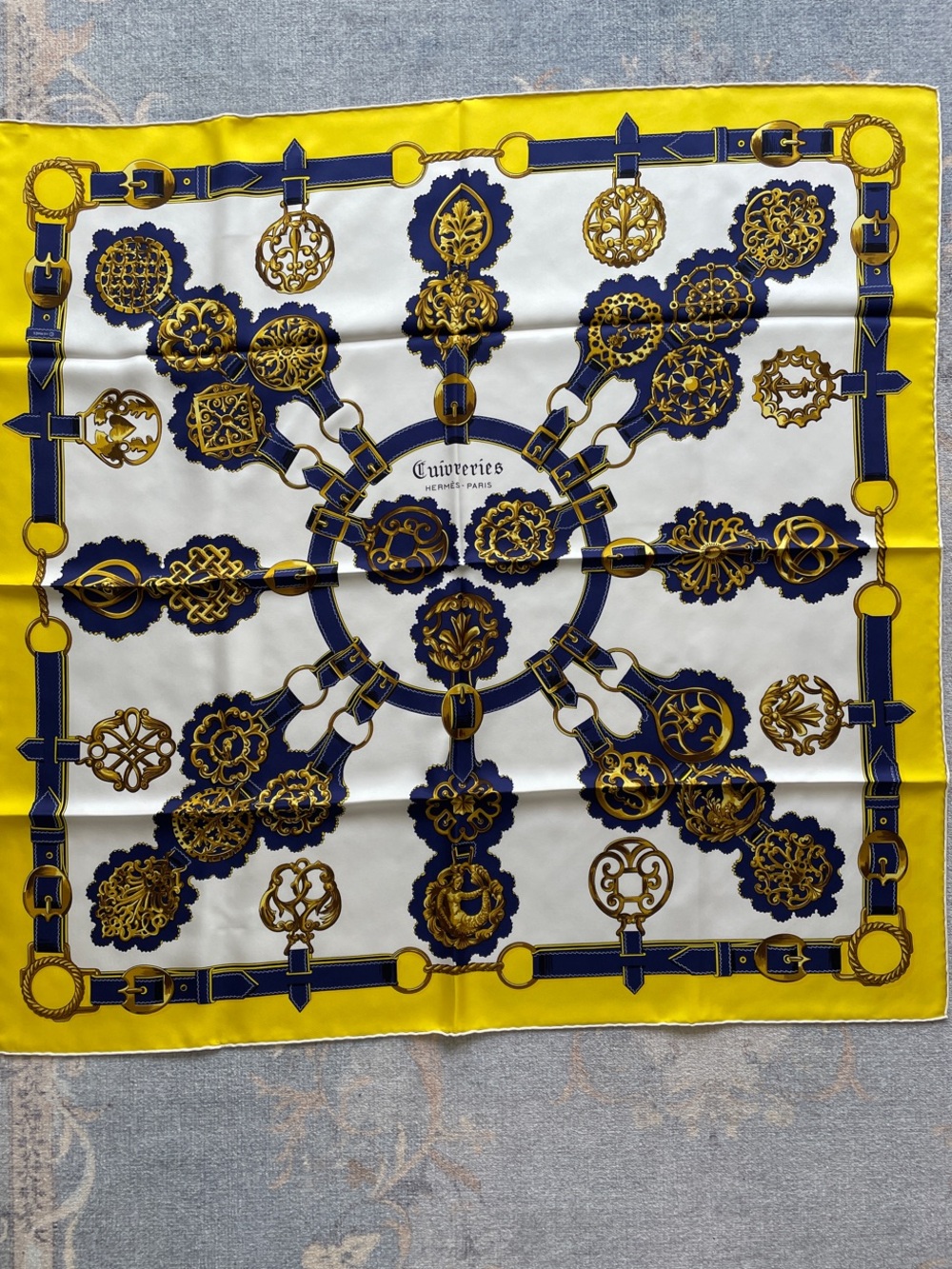 Hermes Yellow Blue White 'Cuiveries' Silk Scarf - Picture 1 of 5